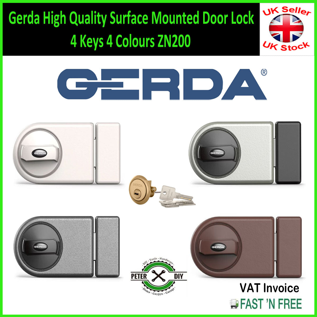 Gerda High Quality Surface Mounted Door Lock 4 Keys 4 Colours ZN200