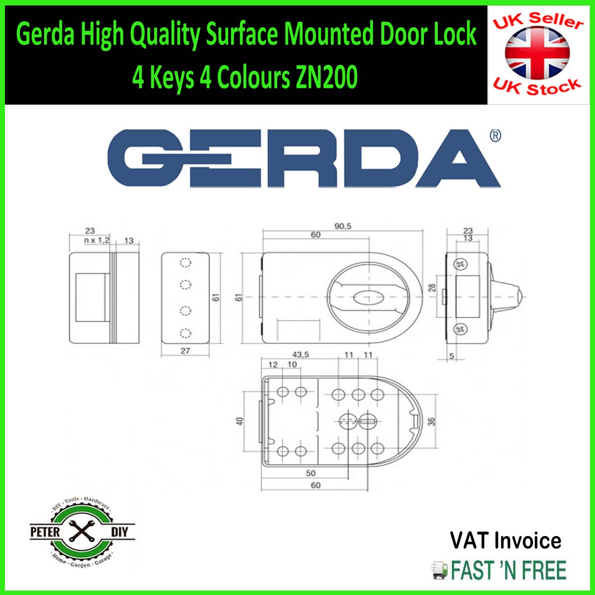 Gerda High Quality Surface Mounted Door Lock 4 Keys 4 Colours ZN200