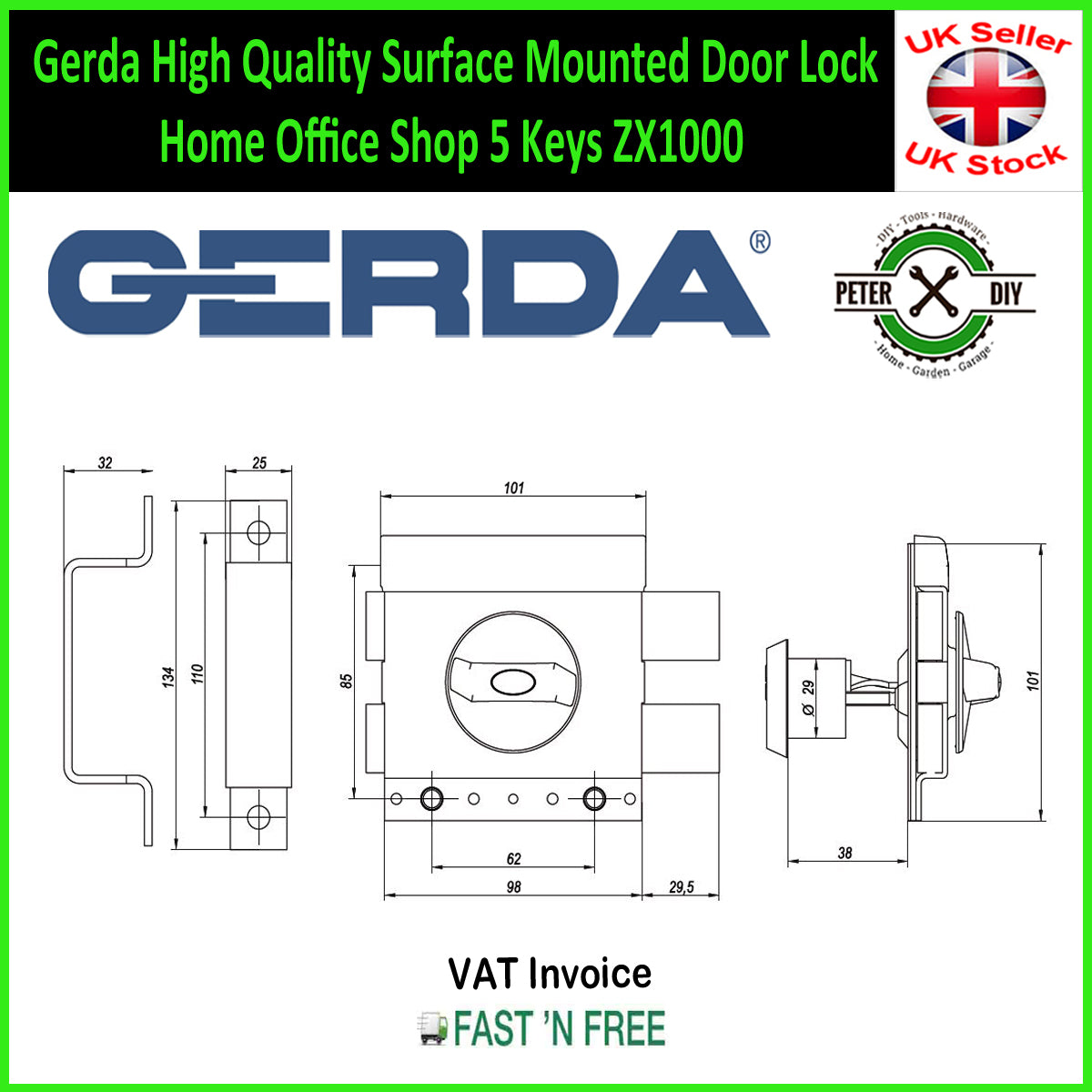 Gerda High Quality Surface Mounted Door Lock Home Office Shop 5 Keys ZX1000