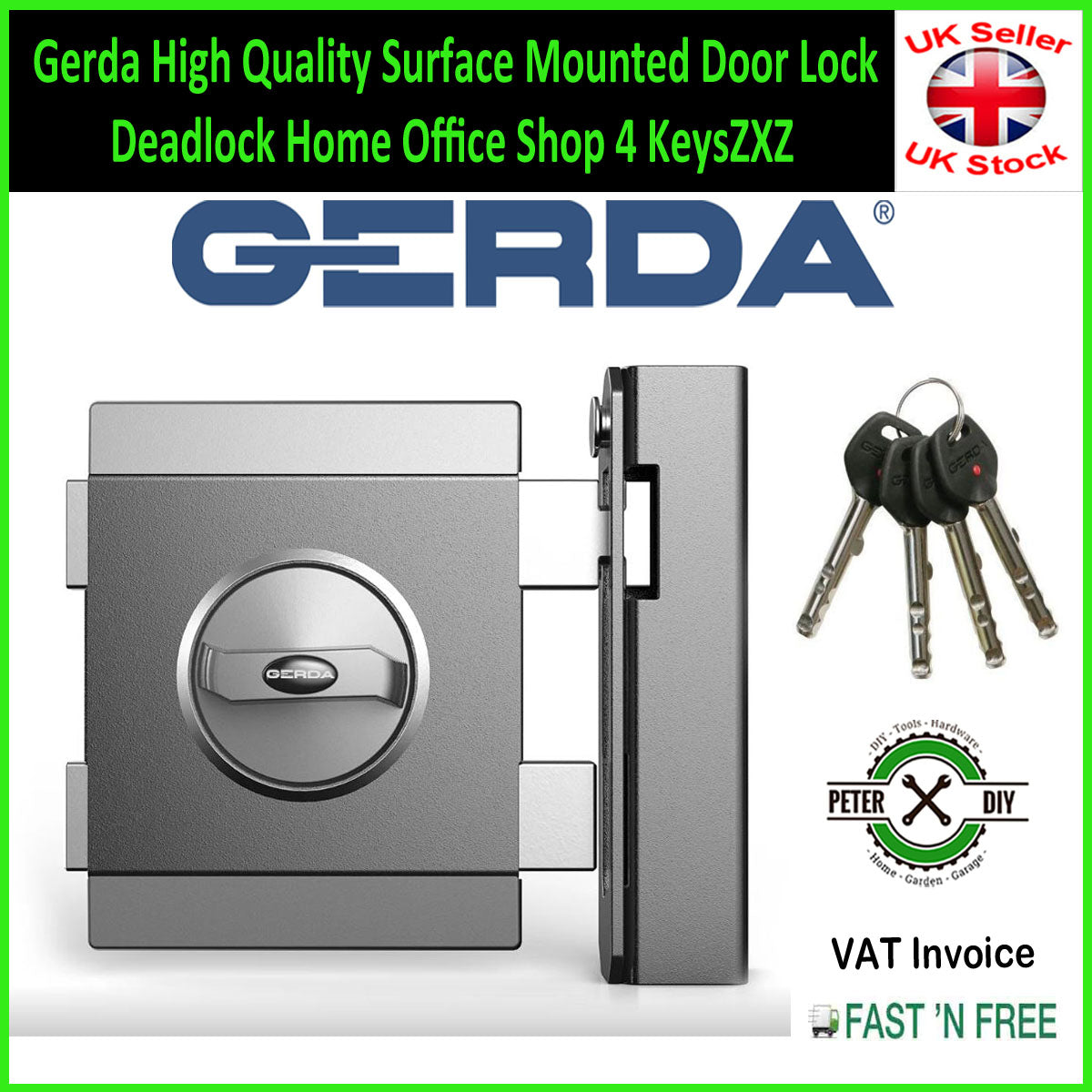 Gerda High Quality Surface Mounted Door Lock Deadlock Home Office Shop 4 Keys ZXZ