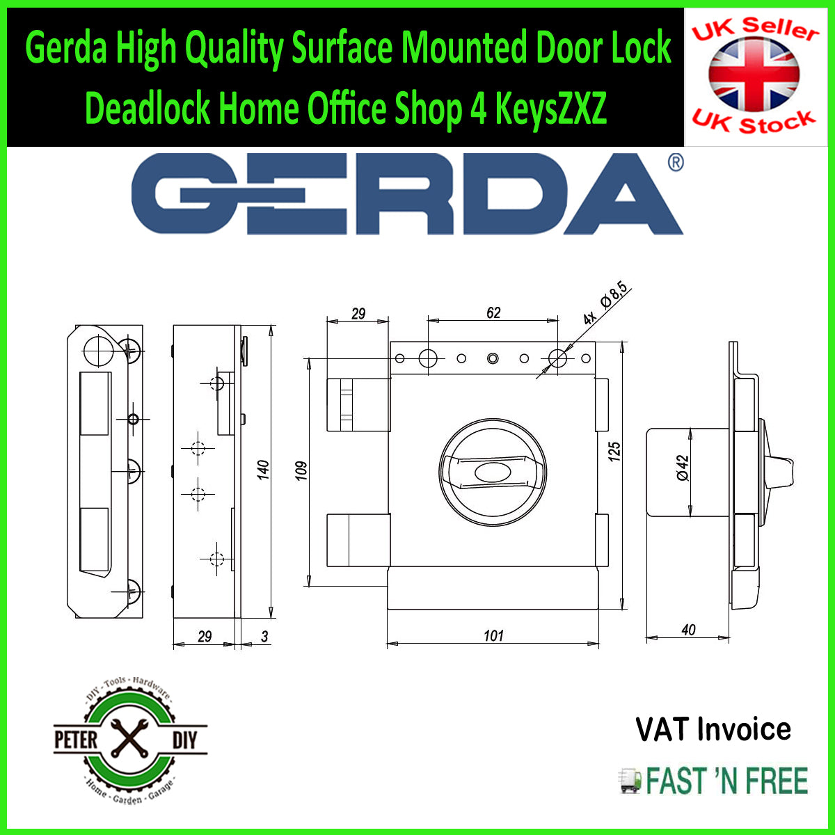 Gerda High Quality Surface Mounted Door Lock Deadlock Home Office Shop 4 Keys ZXZ