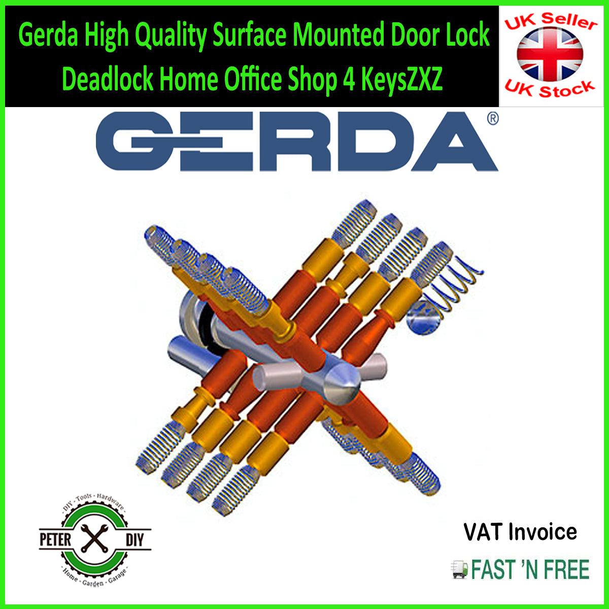 Gerda High Quality Surface Mounted Door Lock Deadlock Home Office Shop 4 Keys ZXZ