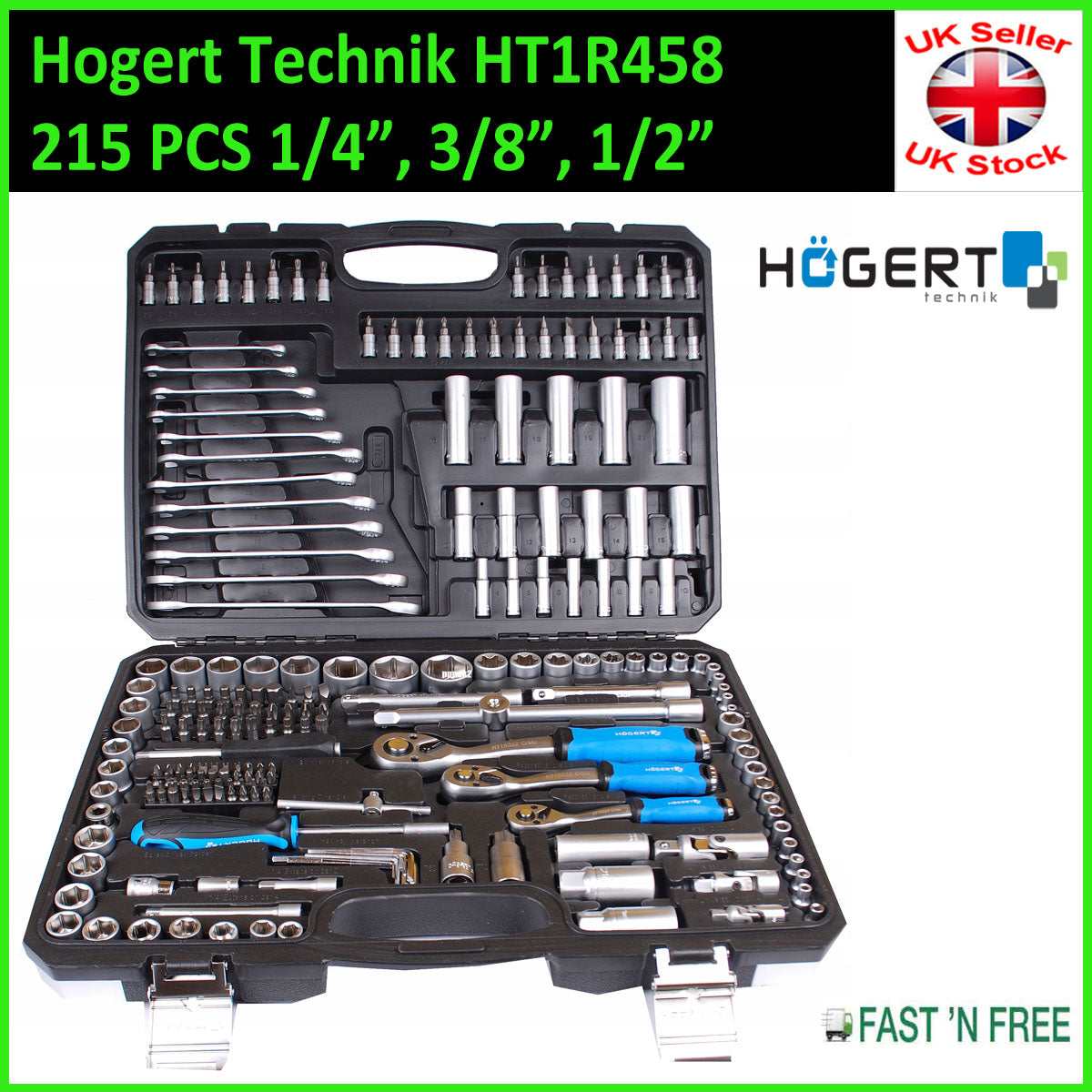 SOCKET SET 215 pcs 1/4" 3/8" 1/2" Ratchet Tools Toolbox Hoegert Technik HT1R458