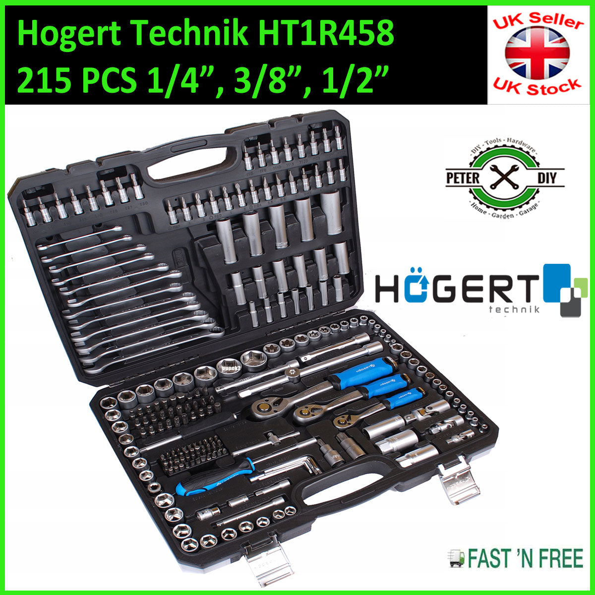 SOCKET SET 215 pcs 1/4" 3/8" 1/2" Ratchet Tools Toolbox Hoegert Technik HT1R458