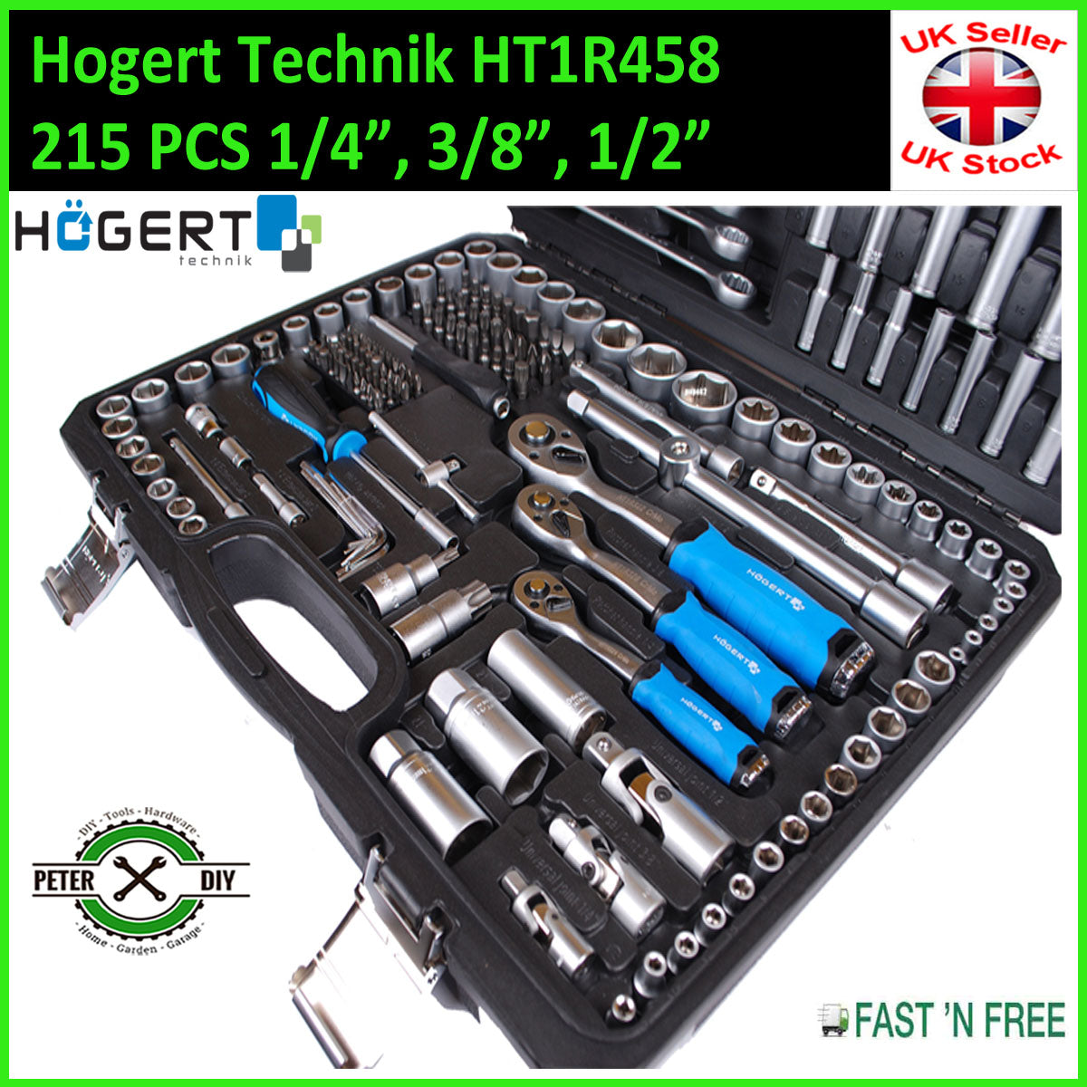 SOCKET SET 215 pcs 1/4" 3/8" 1/2" Ratchet Tools Toolbox Hoegert Technik HT1R458