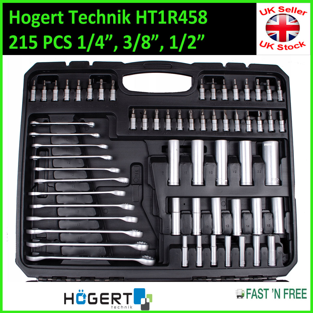 SOCKET SET 215 pcs 1/4" 3/8" 1/2" Ratchet Tools Toolbox Hoegert Technik HT1R458