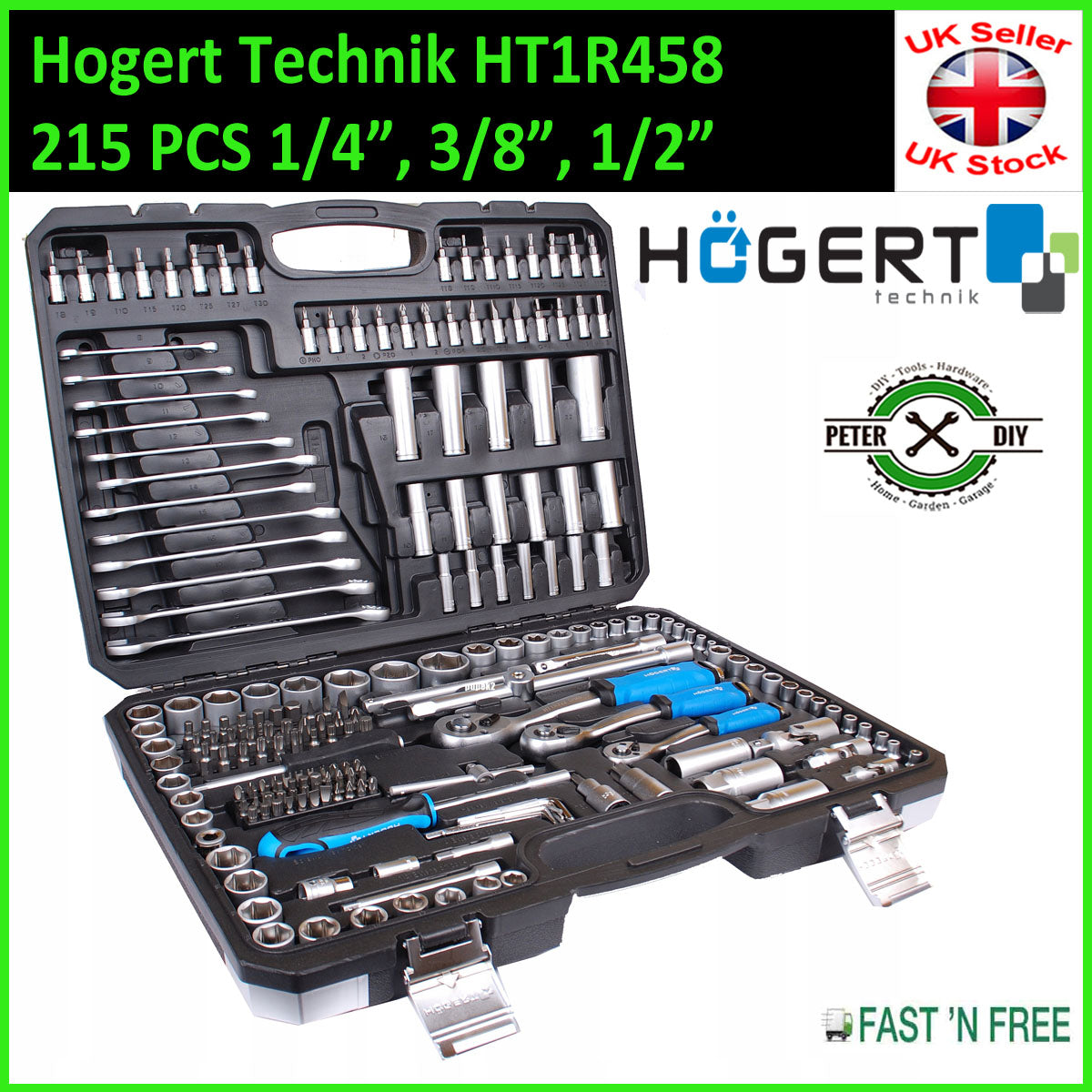 SOCKET SET 215 pcs 1/4" 3/8" 1/2" Ratchet Tools Toolbox Hoegert Technik HT1R458