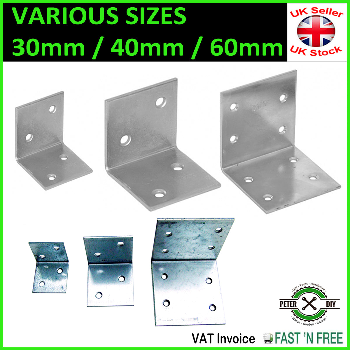 Galvanised Corner Brace 90 Degree Angle Bracket Joist Timber Mending 30/40/60mm