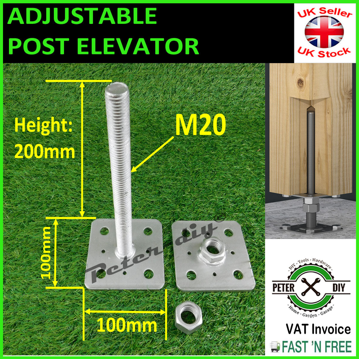 INTERNAL POST PERGOLA Galvanised ADJUSTABLE ELEVATOR Bolt Down HOLDER 200mm M20