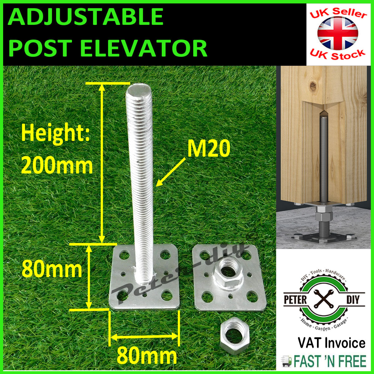 INTERNAL POST PERGOLA Galvanised ADJUSTABLE ELEVATOR Bolt Down HOLDER 200mm M20