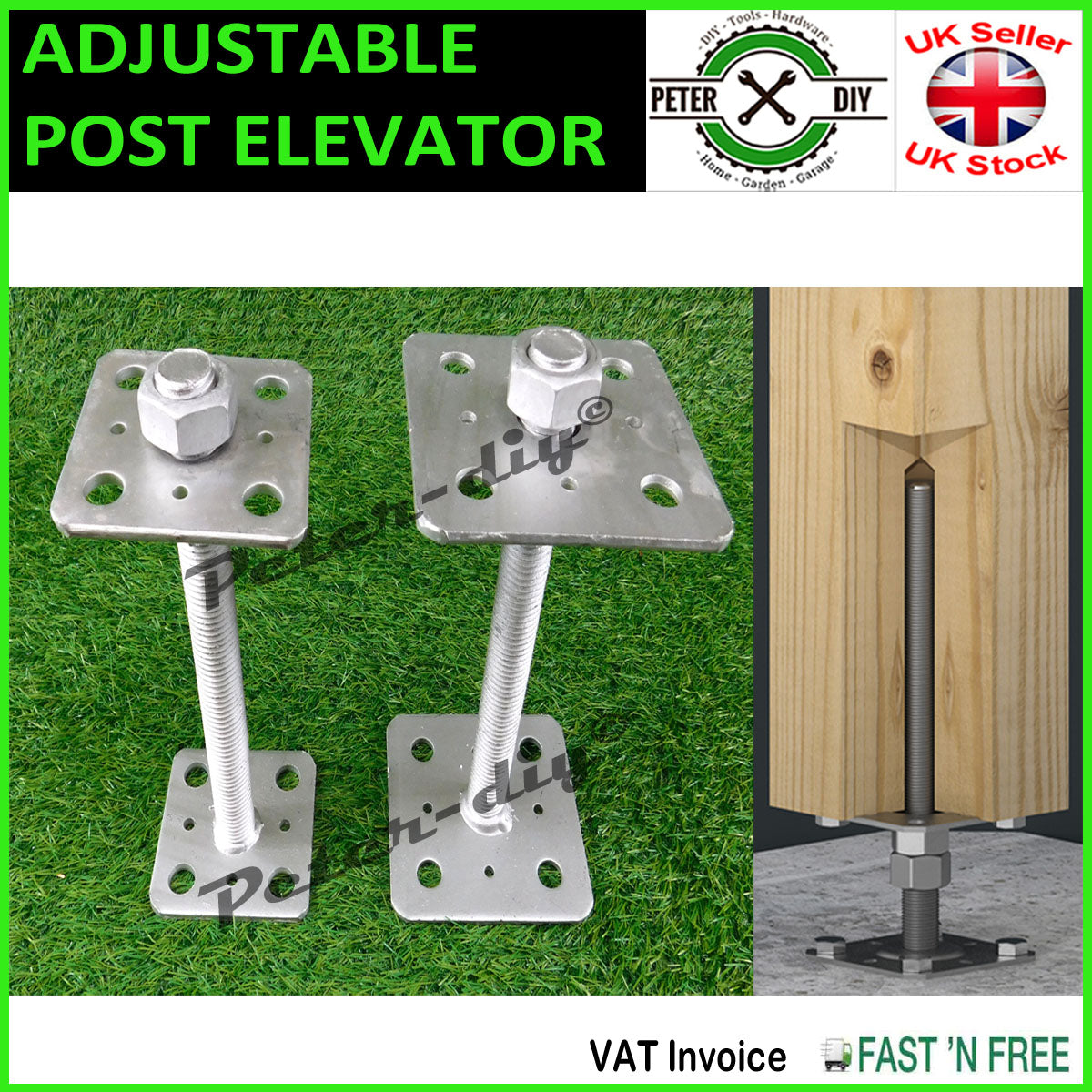 INTERNAL POST PERGOLA Galvanised ADJUSTABLE ELEVATOR Bolt Down HOLDER 200mm M20