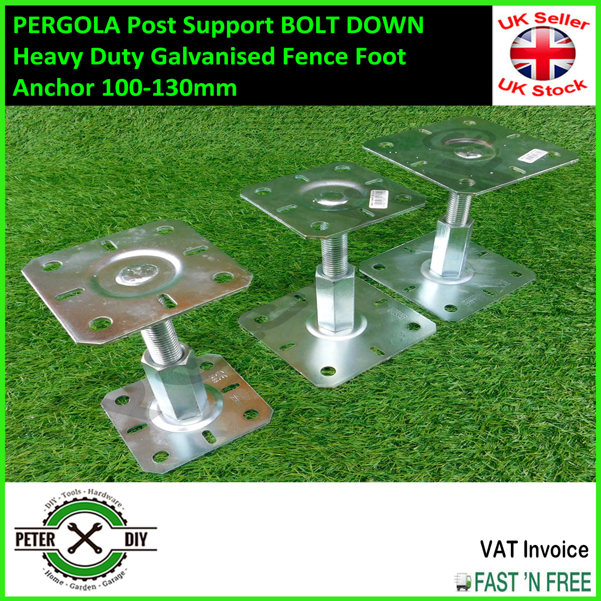 PERGOLA Post Support BOLT DOWN Heavy Duty Galvanised Fence Foot Anchor 100-130mm