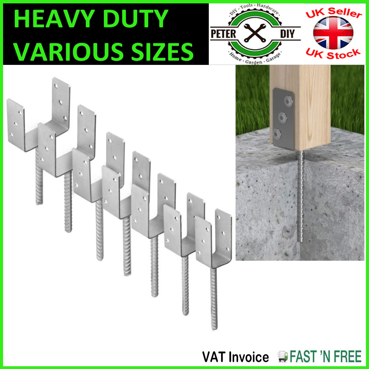 Heavy Duty Galvanised ("U" Shape With Pin) POST FENCE Foot Anchors CONCRETING