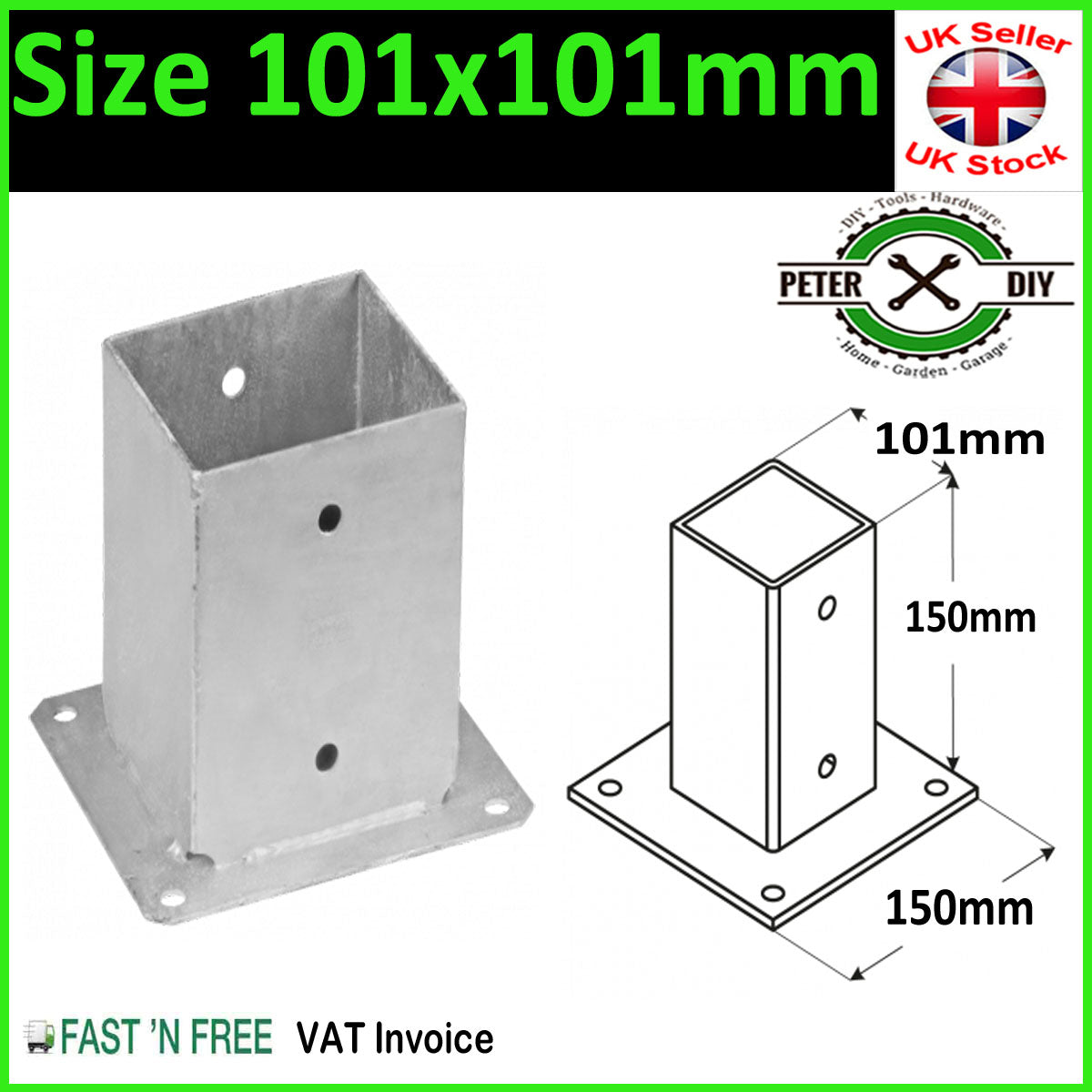 Heavy Duty Galvanised Bolt Down SQUARE POST Fence Foot Base Support 51 - 201mm