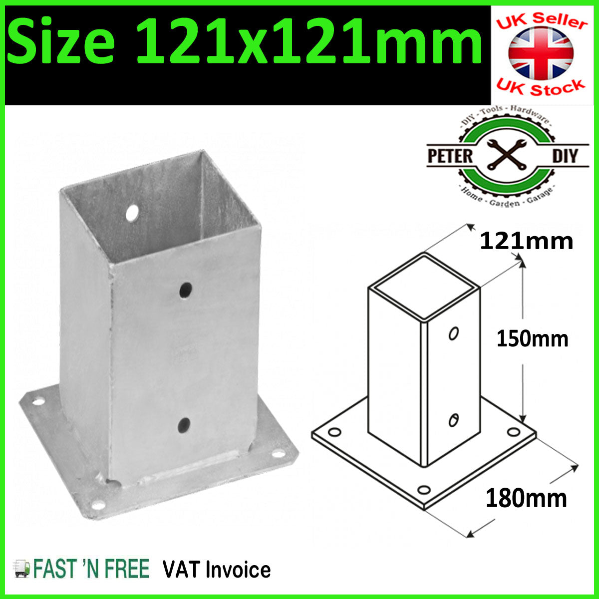 Heavy Duty Galvanised Bolt Down SQUARE POST Fence Foot Base Support 51 - 201mm