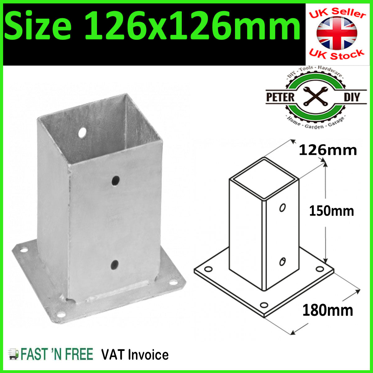 Heavy Duty Galvanised Bolt Down SQUARE POST Fence Foot Base Support 51 - 201mm