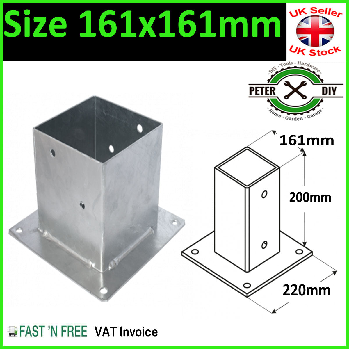 Heavy Duty Galvanised Bolt Down SQUARE POST Fence Foot Base Support 51 - 201mm