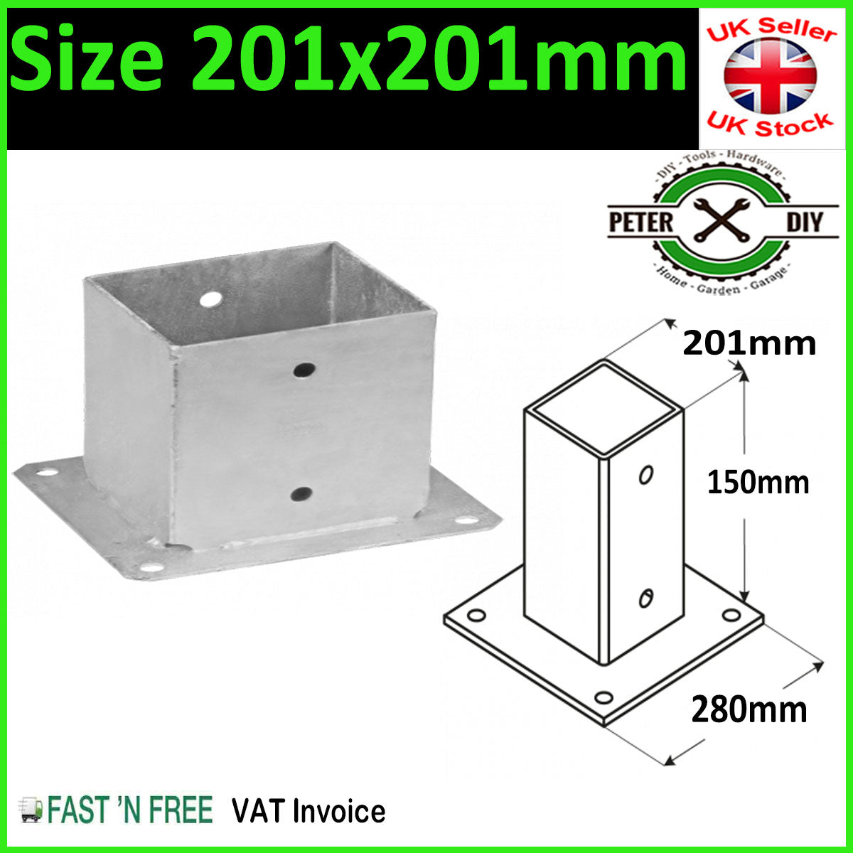 Heavy Duty Galvanised Bolt Down SQUARE POST Fence Foot Base Support 51 - 201mm