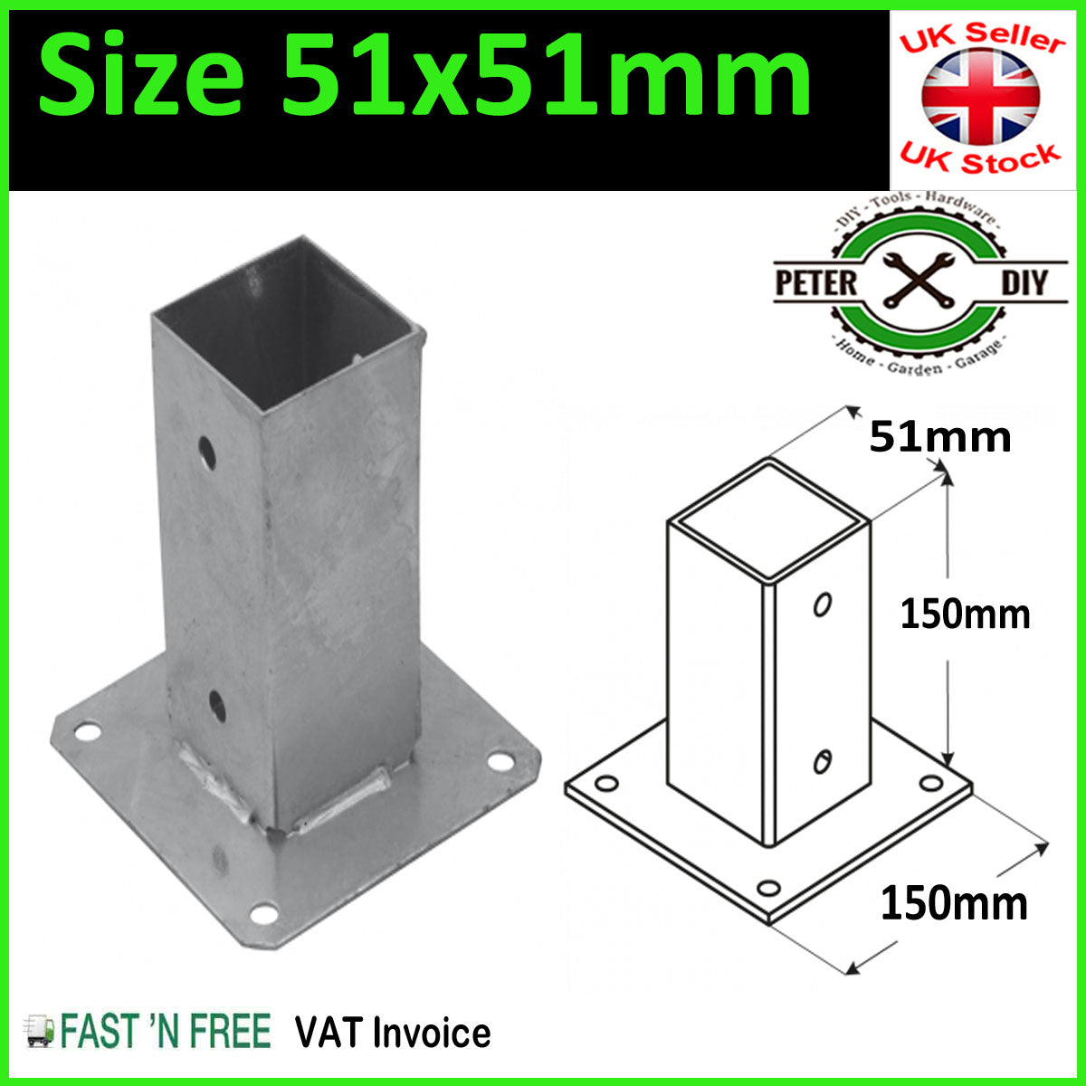 Heavy Duty Galvanised Bolt Down SQUARE POST Fence Foot Base Support 51 - 201mm