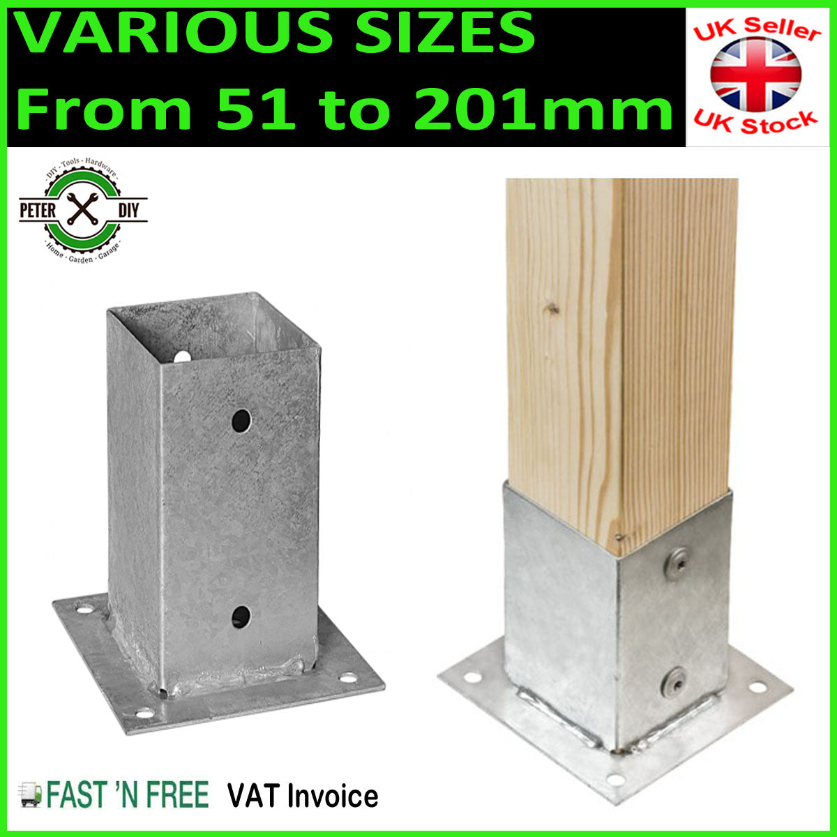 Heavy Duty Galvanised Bolt Down SQUARE POST Fence Foot Base Support 51 ...