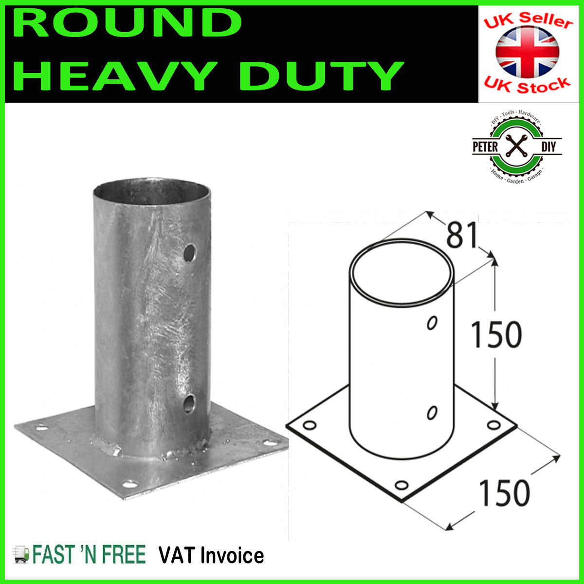 Heavy Duty Galvanised Bolt Down Circular Post Fence Foot 81mm-3.2" or 101mm-4"