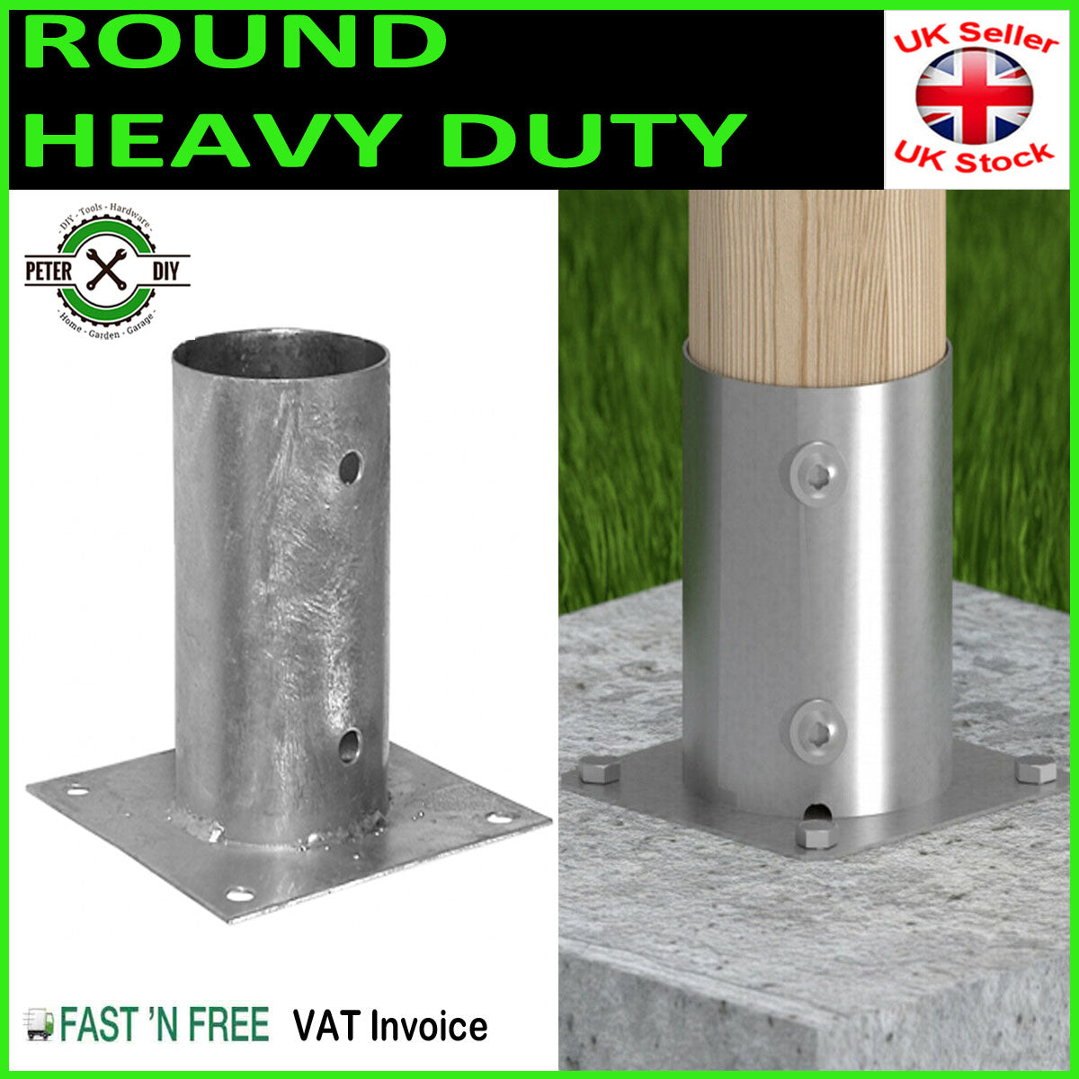 Heavy Duty Galvanised Bolt Down Circular Post Fence Foot 81mm-3.2" or 101mm-4"