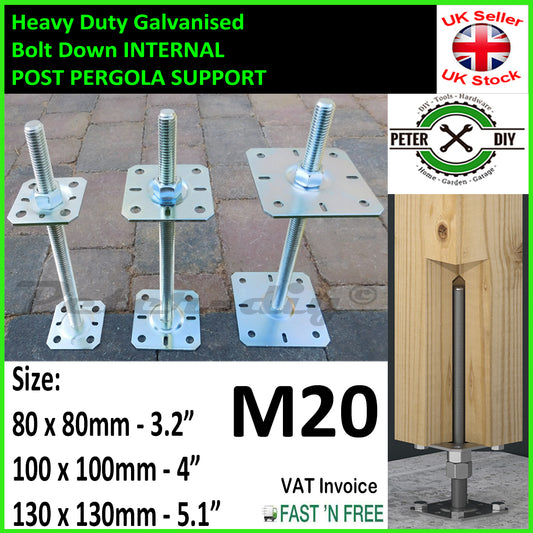 HEAVY DUTY Galvanised INTERNAL PERGOLA SUPPORT Adjustable 250mm 10" M20