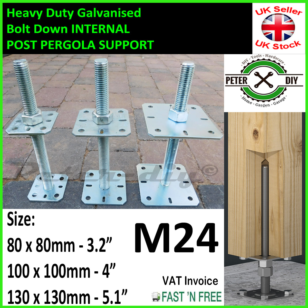 HEAVY DUTY Galvanised INTERNAL PERGOLA SUPPORT Adjustable 250mm 10" M24