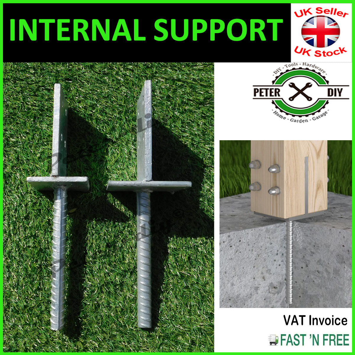 Heavy Duty Galvanised "Internal" Post Support Foot Thickness: 8mm Height: 335mm