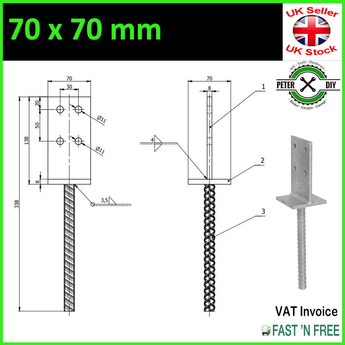 Heavy Duty Galvanised "Internal" Post Support Foot Thickness: 8mm Height: 335mm