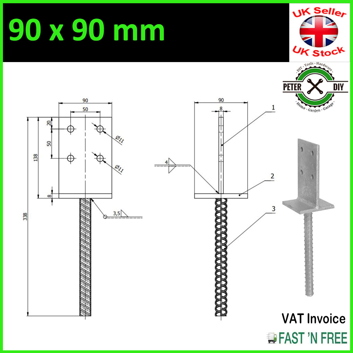 Heavy Duty Galvanised "Internal" Post Support Foot Thickness: 8mm Height: 335mm