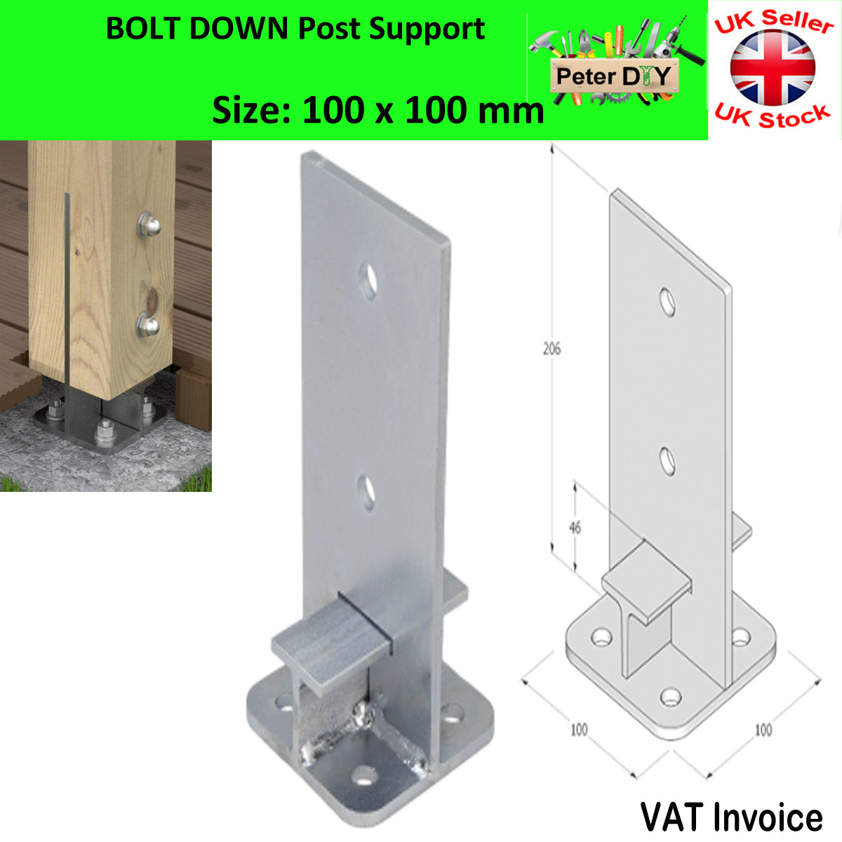 Heavy Duty Galvanised Bolt Down INTERNAL POST SUPPORT PERGOLA Foot Base 90-140mm