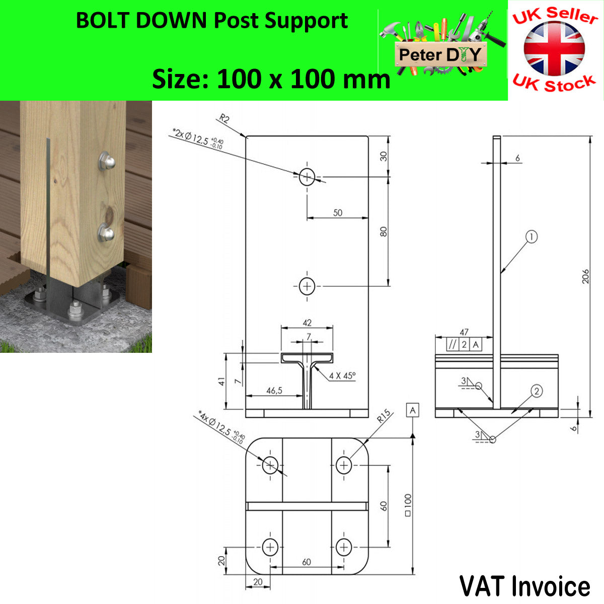 Heavy Duty Galvanised Bolt Down INTERNAL POST SUPPORT PERGOLA Foot Base 90-140mm