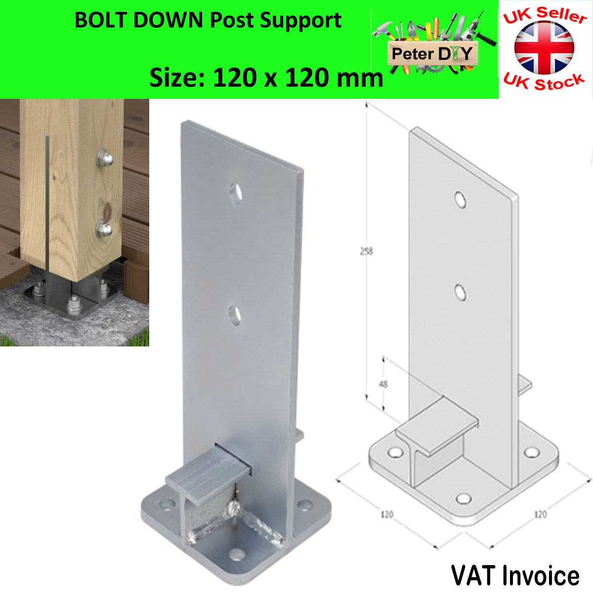 Heavy Duty Galvanised Bolt Down INTERNAL POST SUPPORT PERGOLA Foot Base 90-140mm