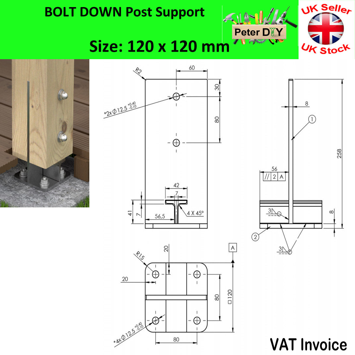 Heavy Duty Galvanised Bolt Down INTERNAL POST SUPPORT PERGOLA Foot Base 90-140mm