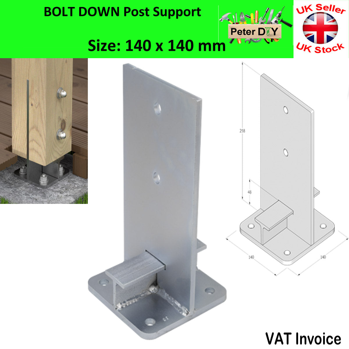 Heavy Duty Galvanised Bolt Down INTERNAL POST SUPPORT PERGOLA Foot Base 90-140mm