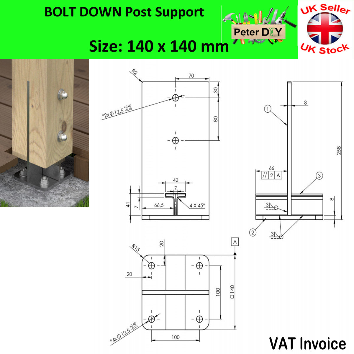 Heavy Duty Galvanised Bolt Down INTERNAL POST SUPPORT PERGOLA Foot Base 90-140mm