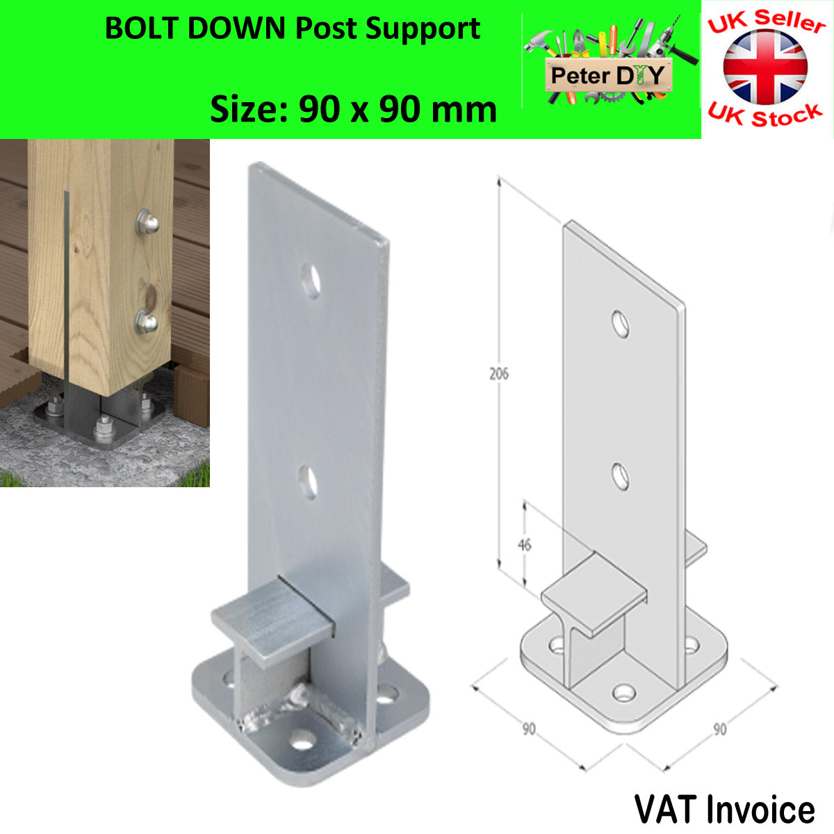 Heavy Duty Galvanised Bolt Down INTERNAL POST SUPPORT PERGOLA Foot Base 90-140mm