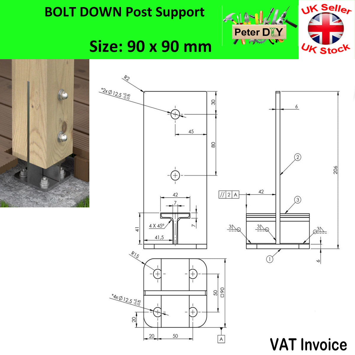 Heavy Duty Galvanised Bolt Down INTERNAL POST SUPPORT PERGOLA Foot Base 90-140mm