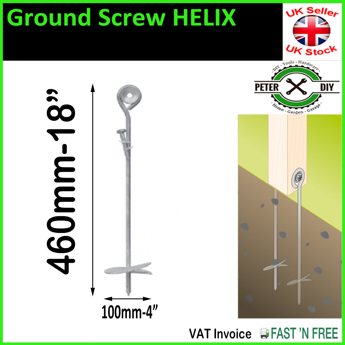 Ground Screw HELIX Galvanised Heavy Duty Anchor Playhouse Trampoline 460x100mm