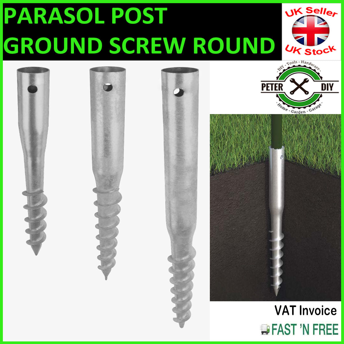 PARASOL POST Spike Fence Support GROUND SCREW Holder Anchor ROUND 55 or 65 mm