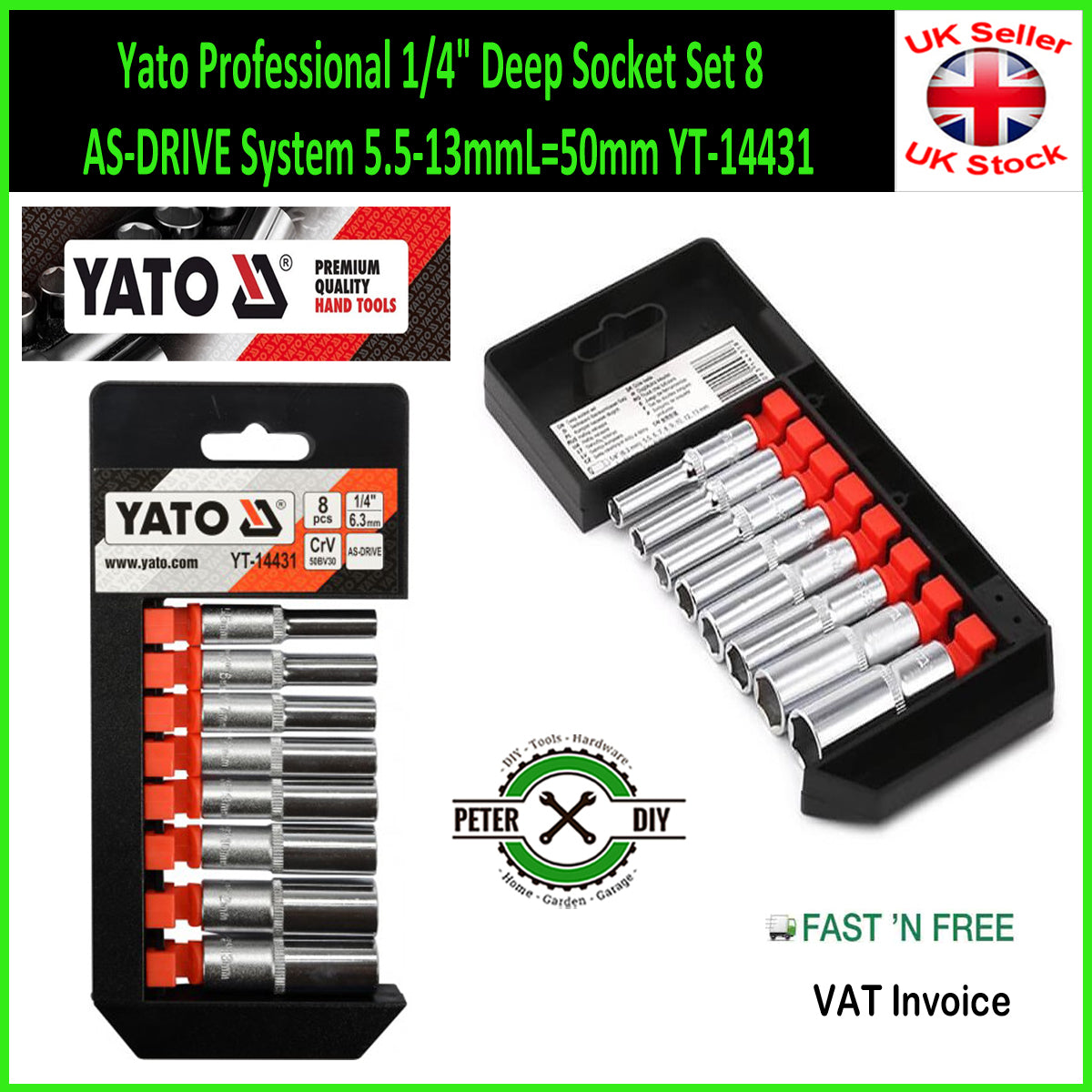 Yato Professional 1/4" Deep Socket Set 8 AS-DRIVE System 5.5-13mmL=50mm YT-14431