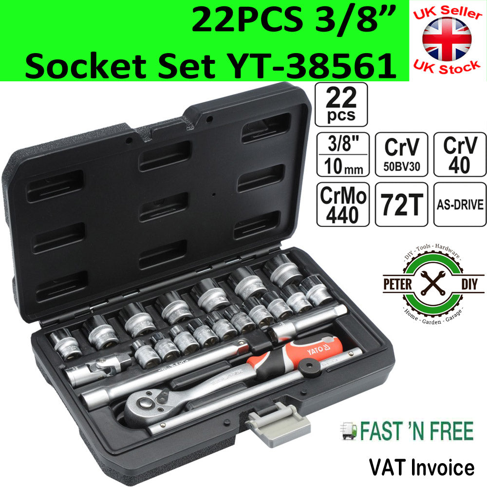 3/8" Socket Set Ratchet 22pcs Yato Professional AS-DRIVE In Handy Case YT-38561