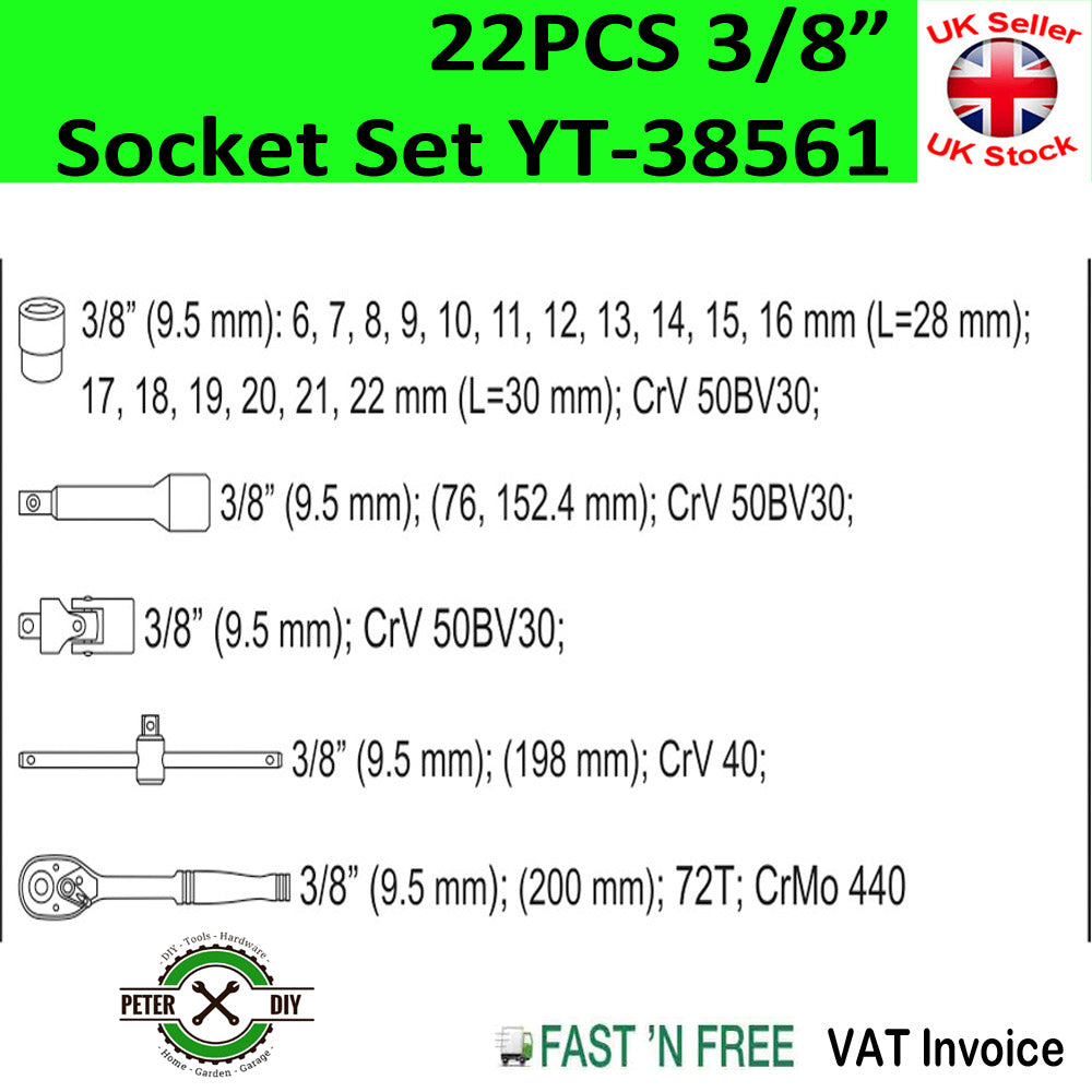 3/8" Socket Set Ratchet 22pcs Yato Professional AS-DRIVE In Handy Case YT-38561