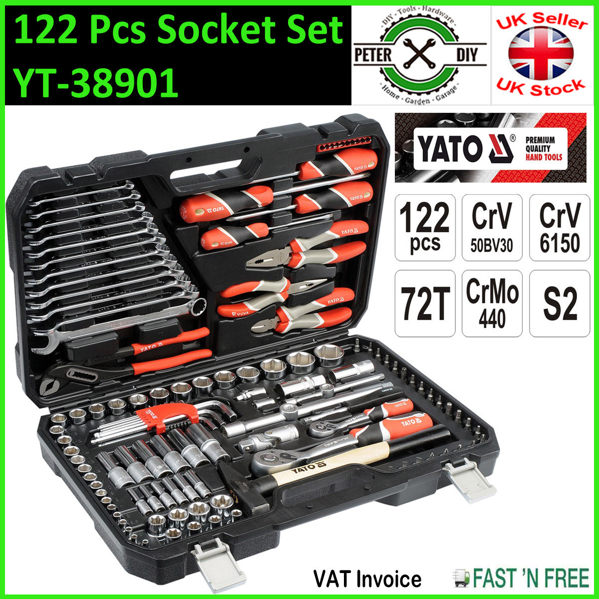 SOCKET SET RATCHET Yato Professional 122 pcs Set 1/2 1/4 Tools Toolbox YT-38901