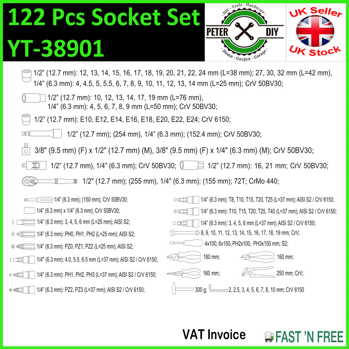 SOCKET SET RATCHET Yato Professional 122 pcs Set 1/2 1/4 Tools Toolbox YT-38901