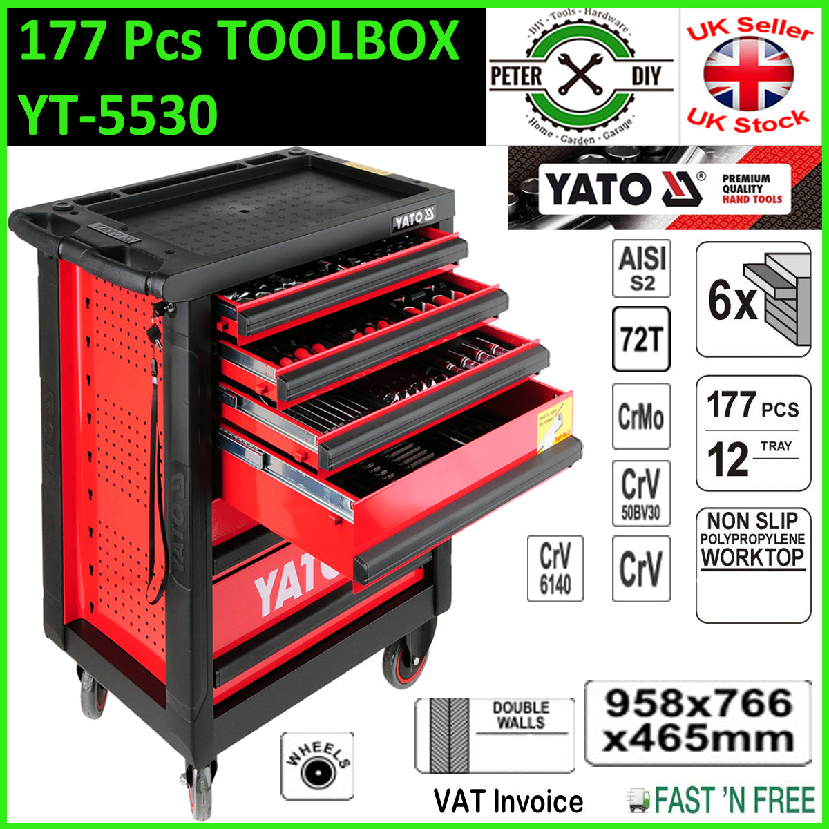 SERVICE TOOL STORAGE BOX CABINET TROLLEY WITH TOOLS 6 DRAWERS 177PCS YATOYT-5530