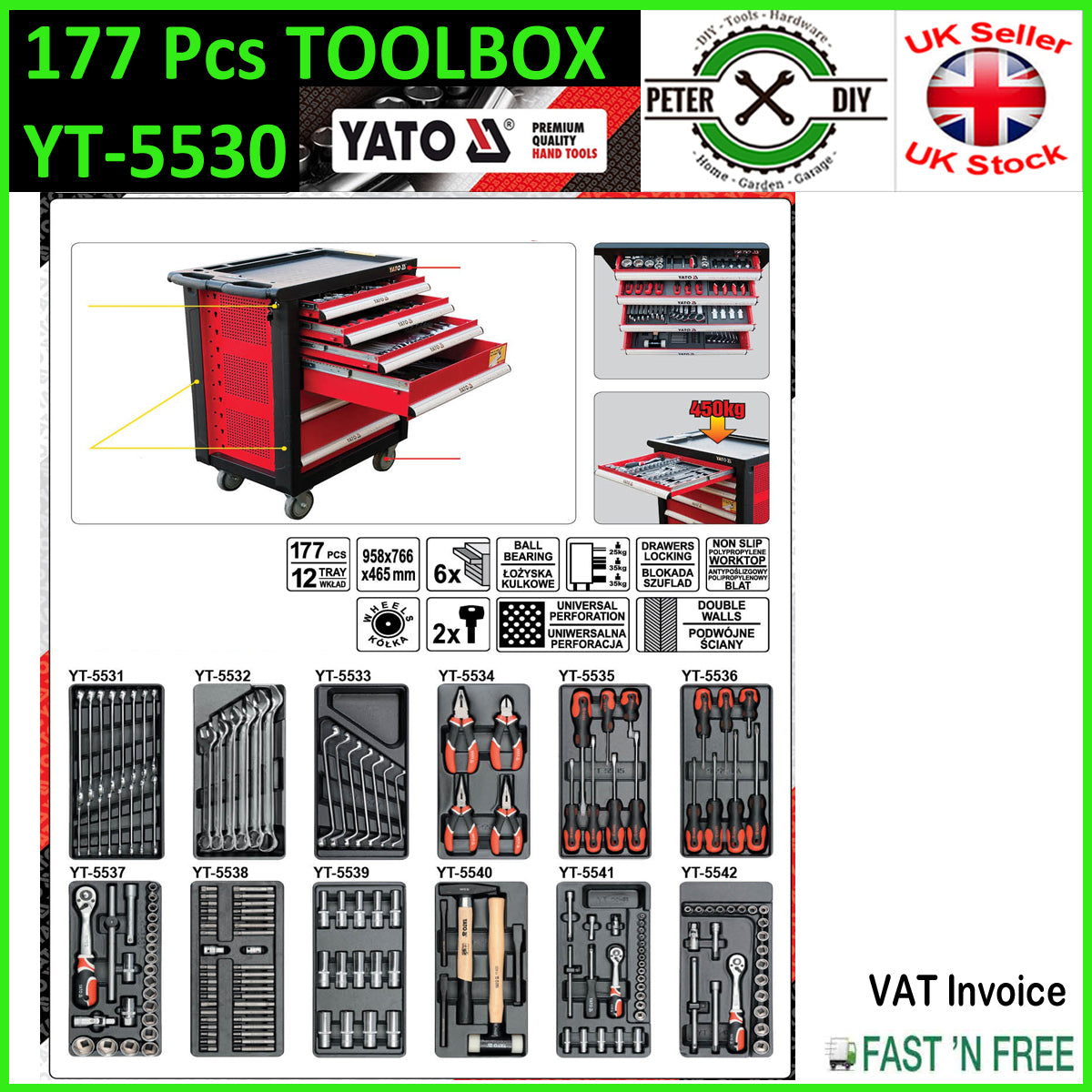 SERVICE TOOL STORAGE BOX CABINET TROLLEY WITH TOOLS 6 DRAWERS 177PCS YATOYT-5530